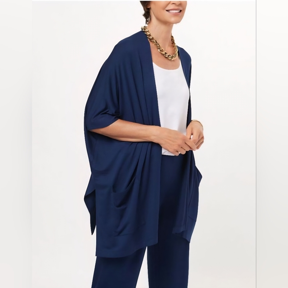 Susan Graver Women's Top Sweater  Weekend Jersey Knit Navy Large Petite